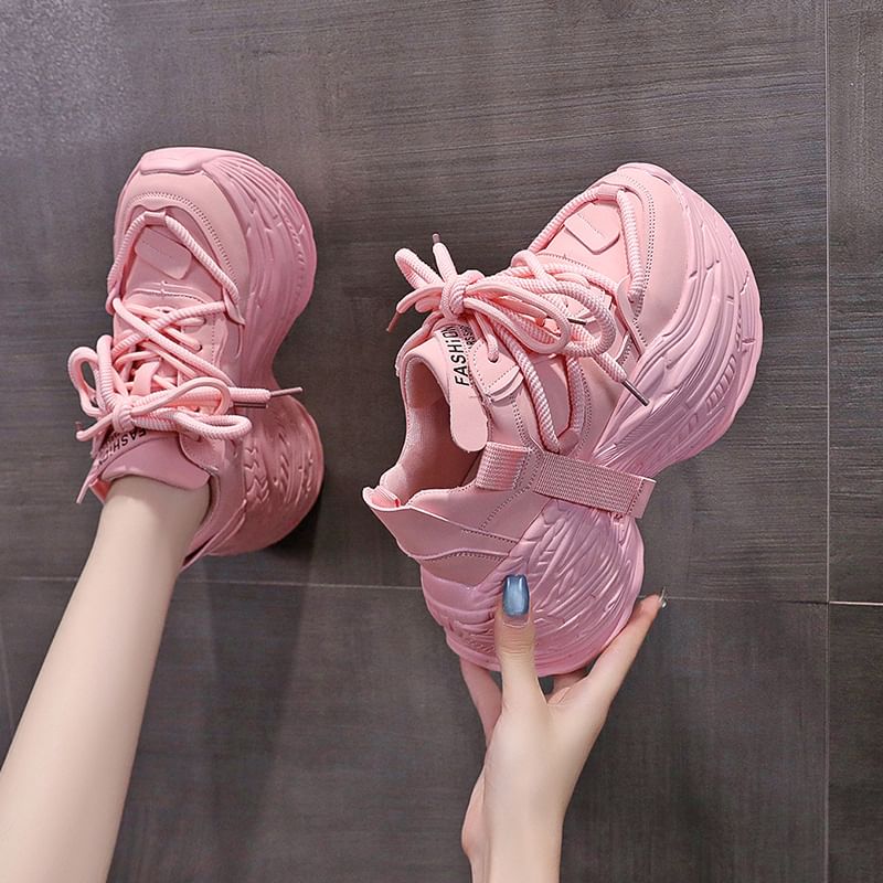 Lace-Up Faux Plain Leather Platform Sneakers