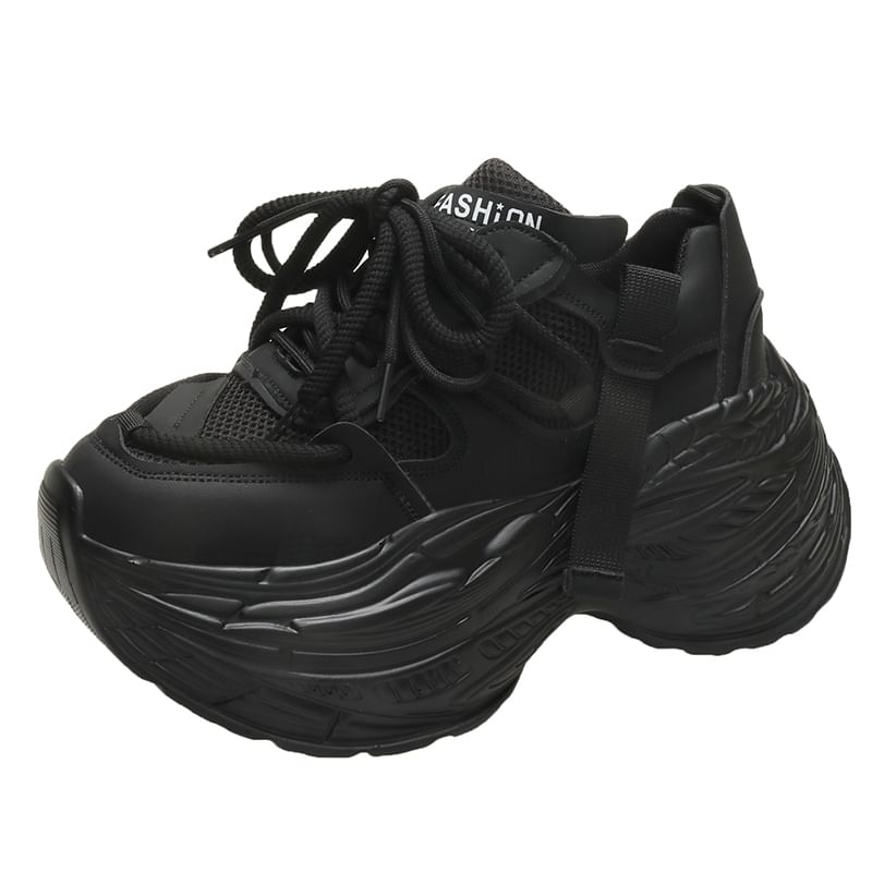 Sneakers Platform Faux Lace-Up Leather Panel Plain Mesh