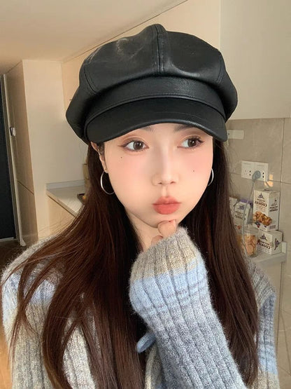 Newsboy Leather Cap Faux Plain
