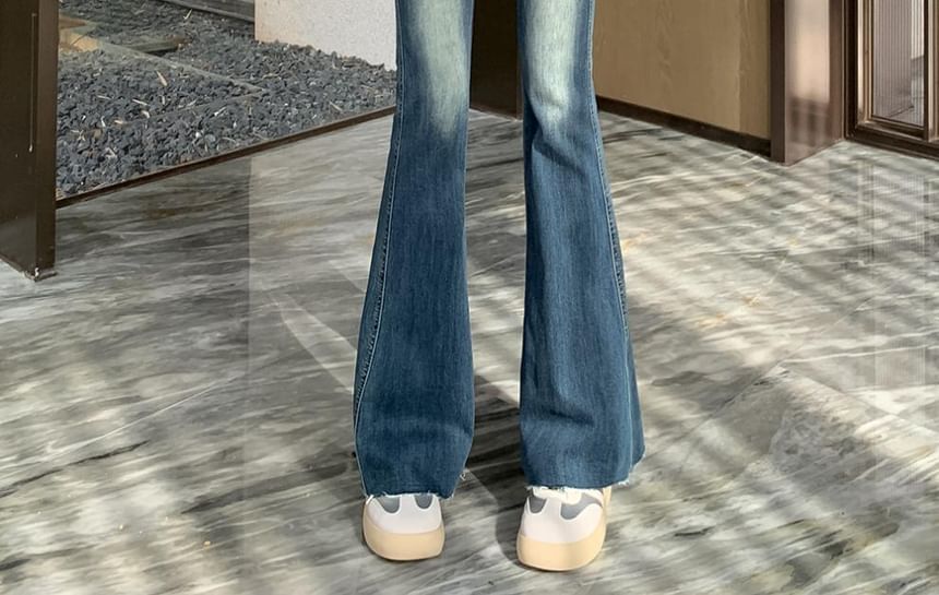 High Waist Washed Frayed Flared Jeans