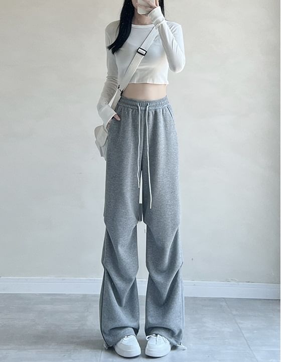 Plain High Rise Drawstring Parachute Wide Leg Sweatpants