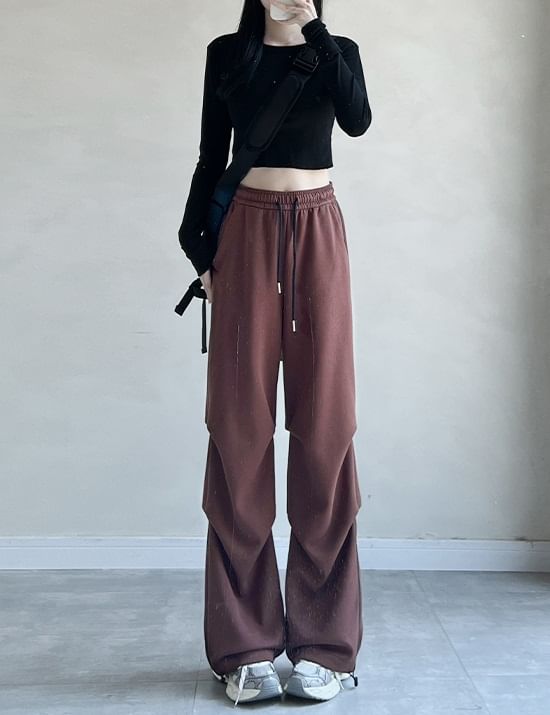 Plain High Rise Drawstring Parachute Wide Leg Sweatpants