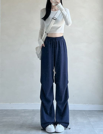 Plain High Rise Drawstring Parachute Wide Leg Sweatpants