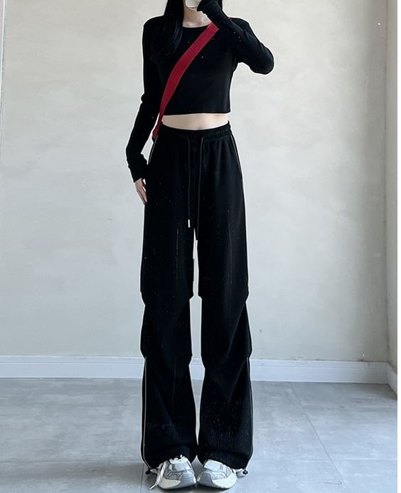 Plain High Rise Drawstring Parachute Wide Leg Sweatpants