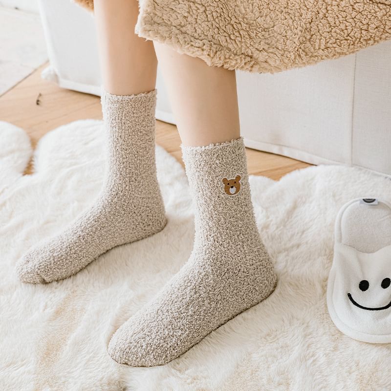 Bear Embroidered Fleece Socks