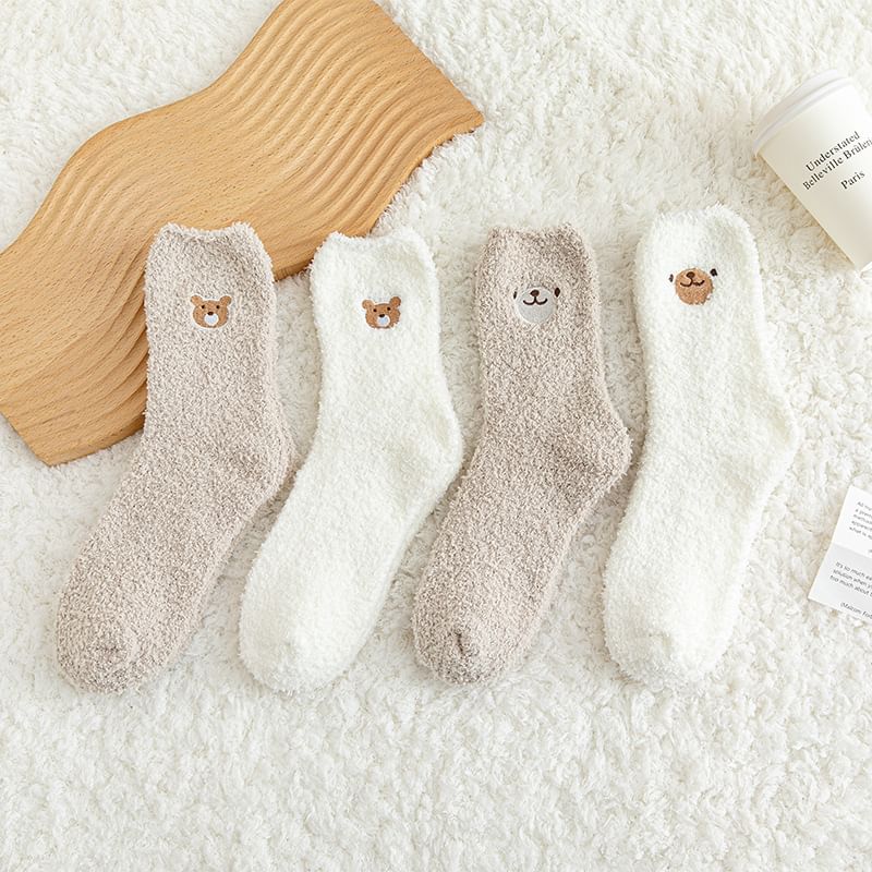 Bear Embroidered Fleece Socks