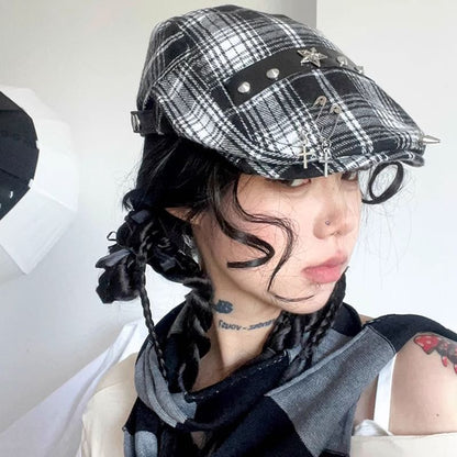 Plaid Accent Newsboy Pin Cap