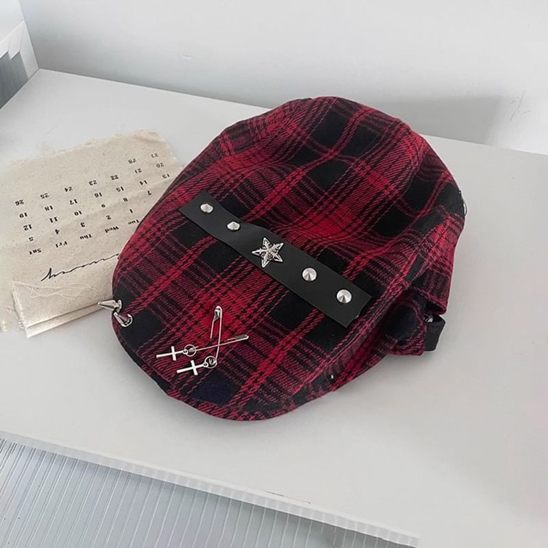 Plaid Accent Newsboy Pin Cap