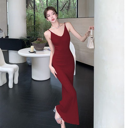 Dress Maxi V-Neck Plain Strap Spaghetti Bodycon