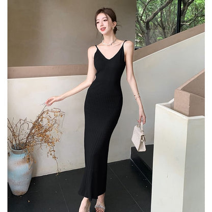 Dress Maxi V-Neck Plain Strap Spaghetti Bodycon