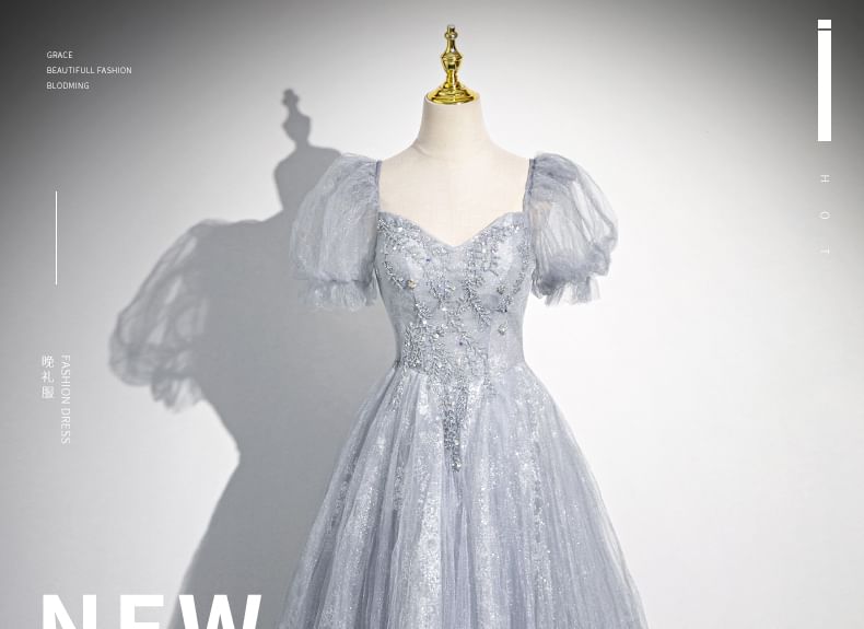 Puff-Sleeve Sweetheart-Neckline Rhinestone A-Line Evening Gown