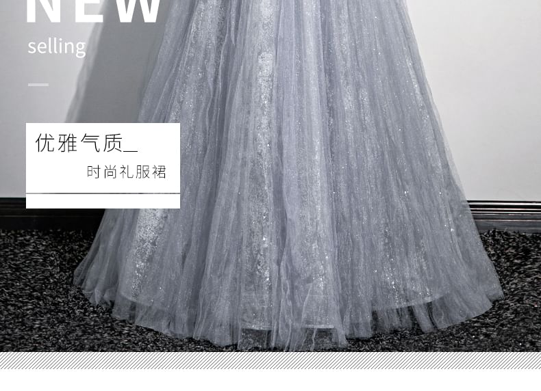 Puff-Sleeve Sweetheart-Neckline Rhinestone A-Line Evening Gown