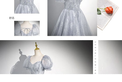 Puff-Sleeve Sweetheart-Neckline Rhinestone A-Line Evening Gown