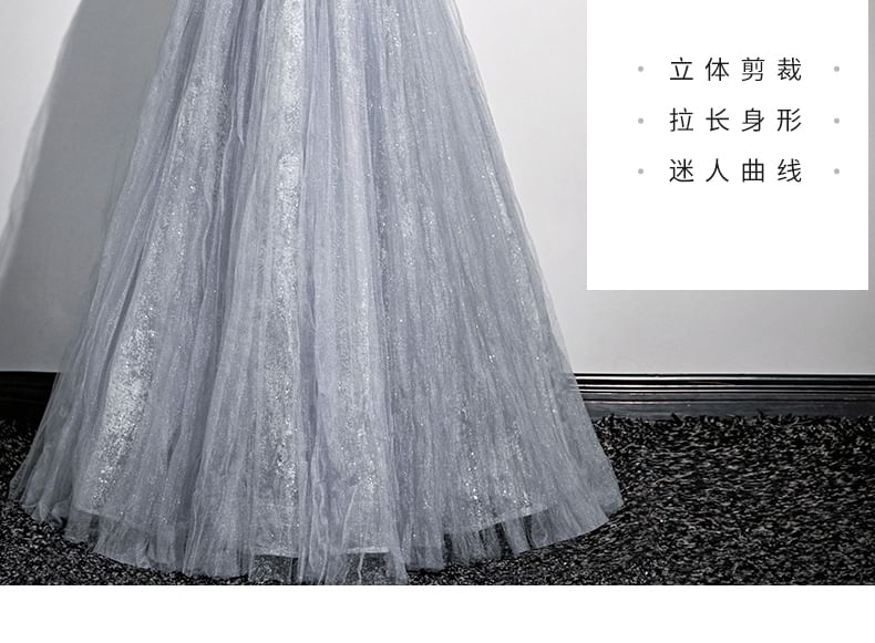 Puff-Sleeve Sweetheart-Neckline Rhinestone A-Line Evening Gown