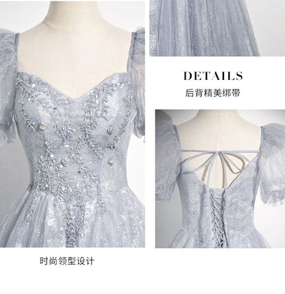 Puff-Sleeve Sweetheart-Neckline Rhinestone A-Line Evening Gown