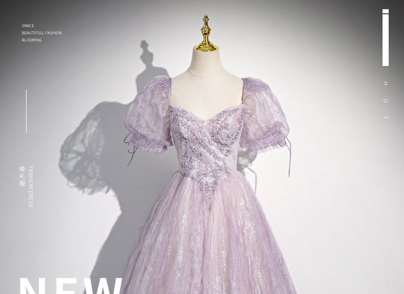 Puff-Sleeve Sweetheart-Neckline Floral Print A-Line Evening Gown