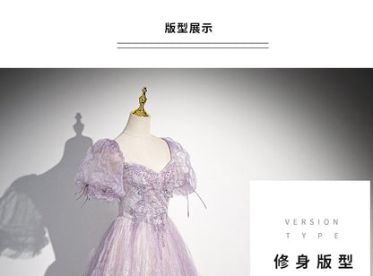 Puff-Sleeve Sweetheart-Neckline Floral Print A-Line Evening Gown