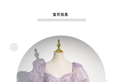 Puff-Sleeve Sweetheart-Neckline Floral Print A-Line Evening Gown