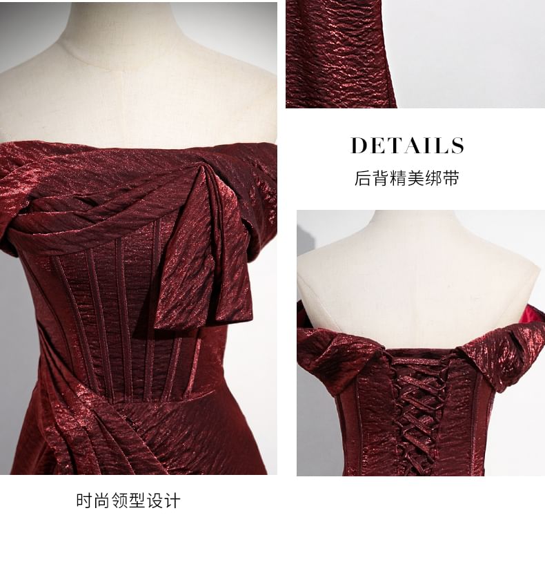 Robe de soirée moulante asymétrique à épaules dénudées et fente nouée