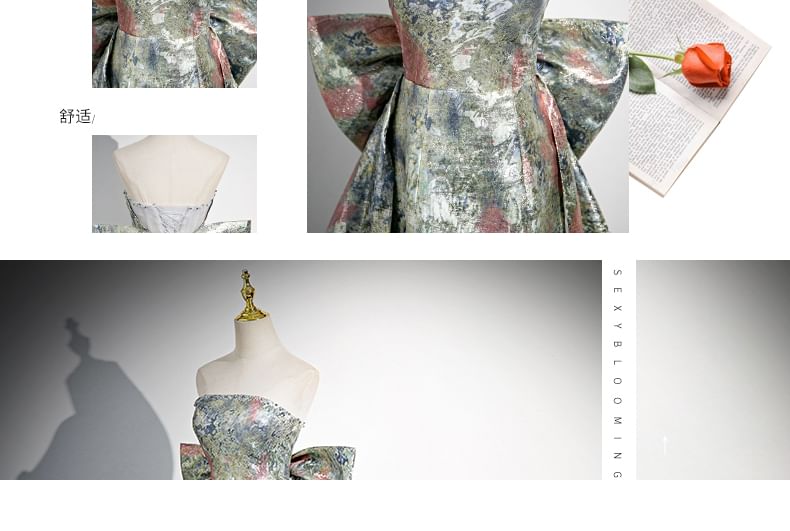 Robe de soirée trapèze sans bretelles à imprimé floral et nœud dans le dos