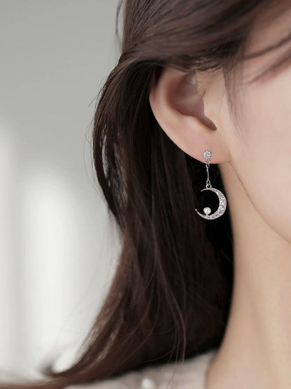 Dangle Asymmetrical Star Alloy Rhinestone Faux Pearl Moon Earring