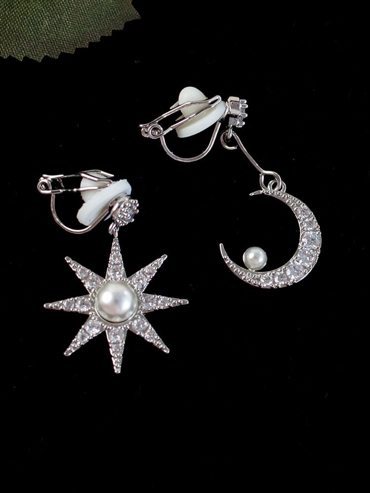 Dangle Asymmetrical Star Alloy Rhinestone Faux Pearl Moon Earring