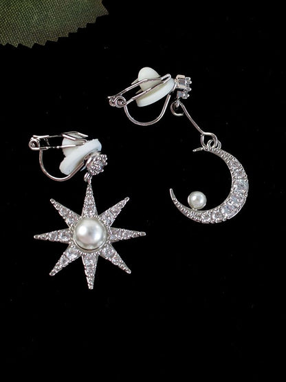 Dangle Asymmetrical Star Alloy Rhinestone Faux Pearl Moon Earring