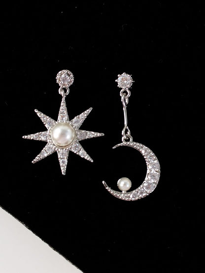 Dangle Asymmetrical Star Alloy Rhinestone Faux Pearl Moon Earring