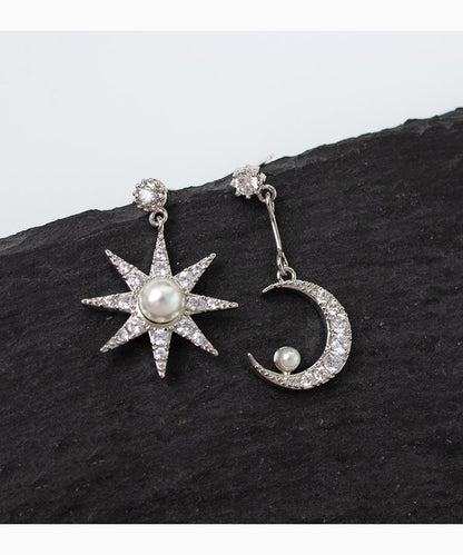 Dangle Asymmetrical Star Alloy Rhinestone Faux Pearl Moon Earring