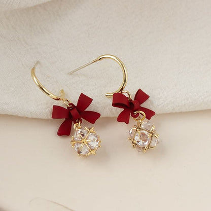 Caged Rhinestone Bow Earring Alloy Dangle
