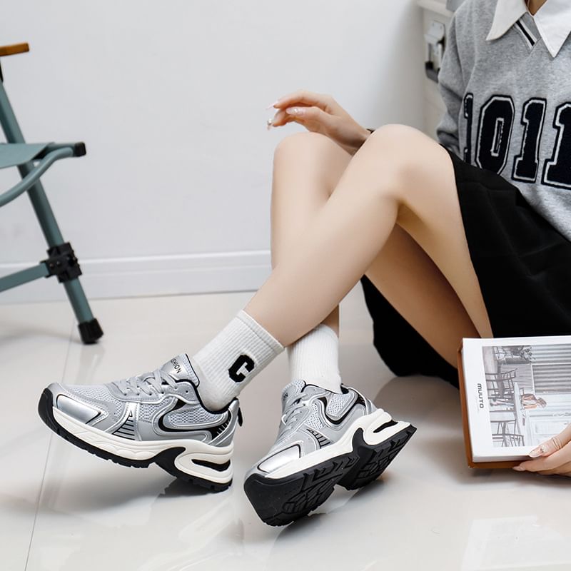 Panel Platform Lace-Up Sneakers Mesh