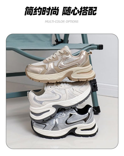 Panel Platform Lace-Up Sneakers Mesh