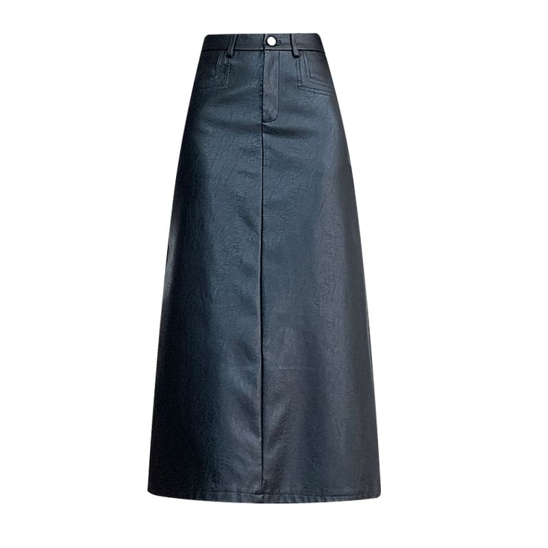 High Waist Plain Faux Leather Midi A-Line Skirt