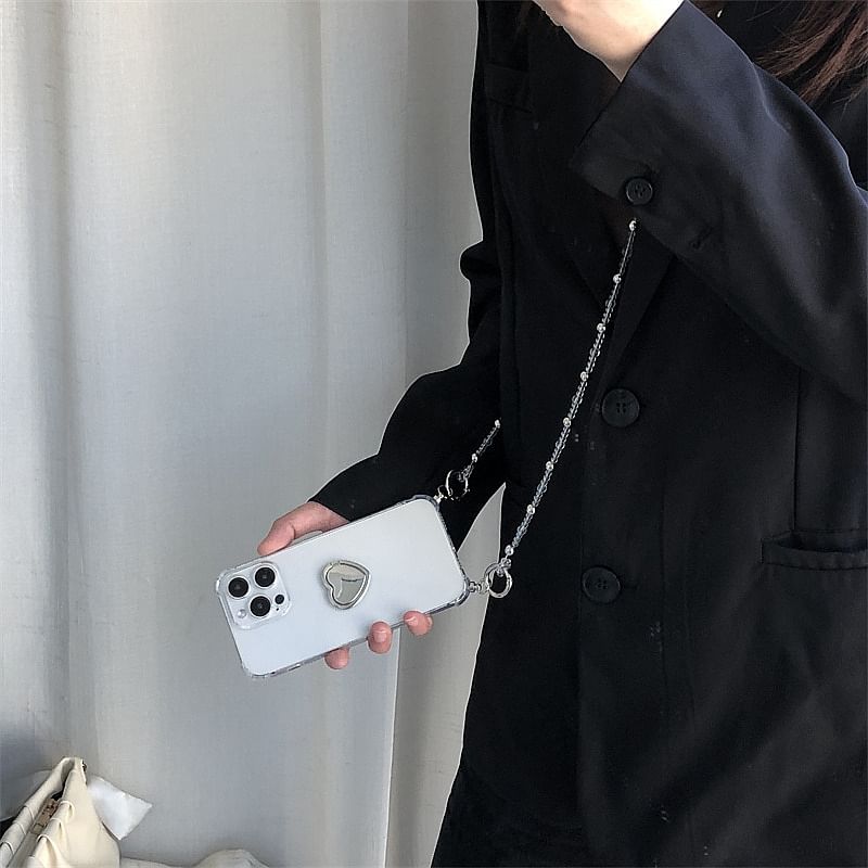 Faux Crystal Lanyard with Heart Ring Stand Phone Case