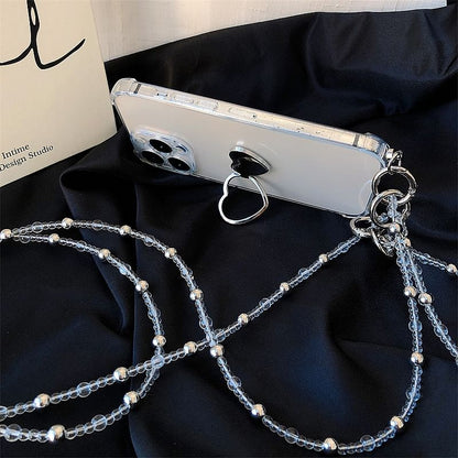 Faux Crystal Lanyard with Heart Ring Stand Phone Case