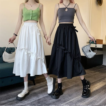 Skirt High Plain Bow Waist Midi A-Line