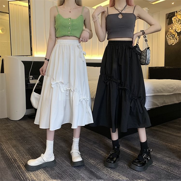 Skirt High Plain Bow Waist Midi A-Line
