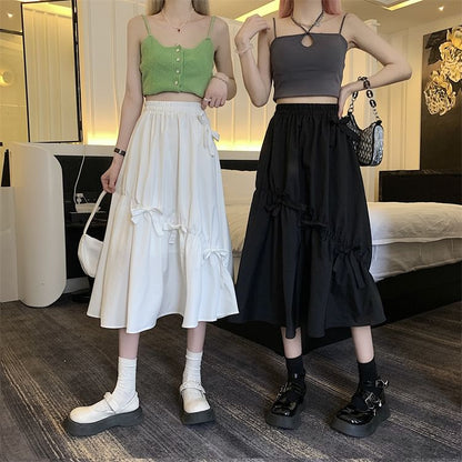 Skirt High Plain Bow Waist Midi A-Line