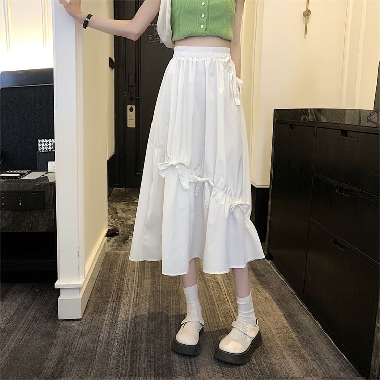 Skirt High Plain Bow Waist Midi A-Line