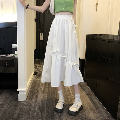Skirt High Plain Bow Waist Midi A-Line