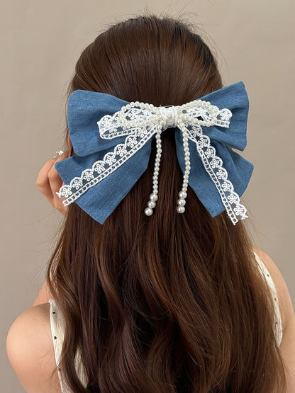 Faux Pearl Beaded Bow Hair Clip