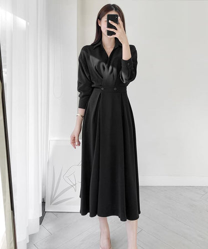 Long Sleeve Collared Plain Double Breasted Midi A-Line Shirt Dress