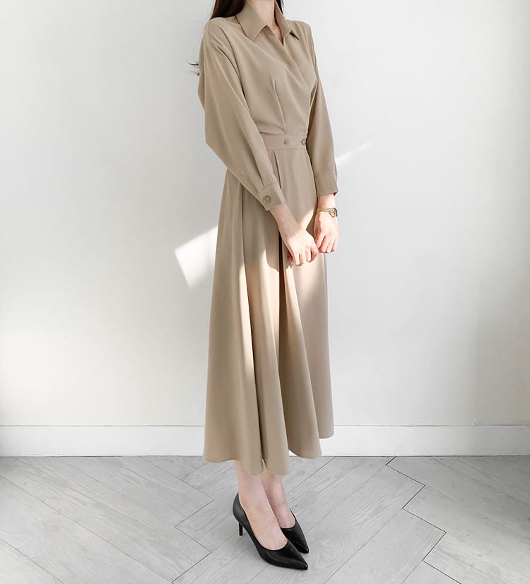 Long Sleeve Collared Plain Double Breasted Midi A-Line Shirt Dress