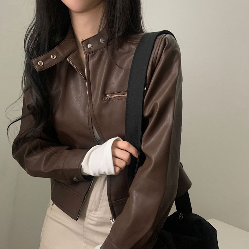 Band Collar Plain Faux Leather Zip Jacket