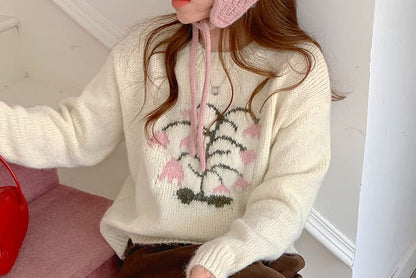 Crew Neck Floral Patterned Sweater