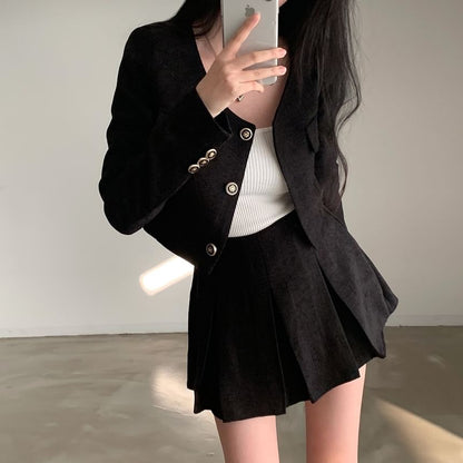 Round Neck Plain Crop Button Jacket / High Rise Pleated Mini A-Line Skirt