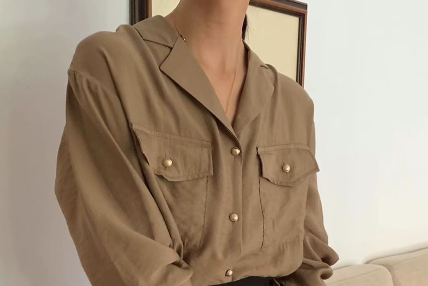 Long Sleeve Collared Plain Flap Pocket Shirt