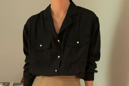 Long Sleeve Collared Plain Flap Pocket Shirt