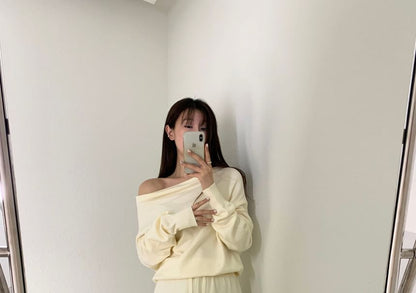 Set: Long Sleeve One Shoulder Plain Knit Top + Drawstring Waist Wide Leg Pants