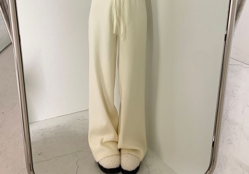 Set: Long Sleeve One Shoulder Plain Knit Top + Drawstring Waist Wide Leg Pants